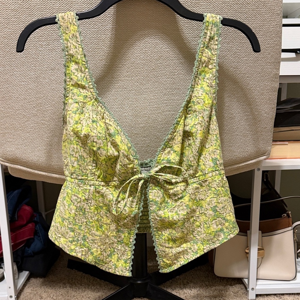 Green floral tank top with tie front
